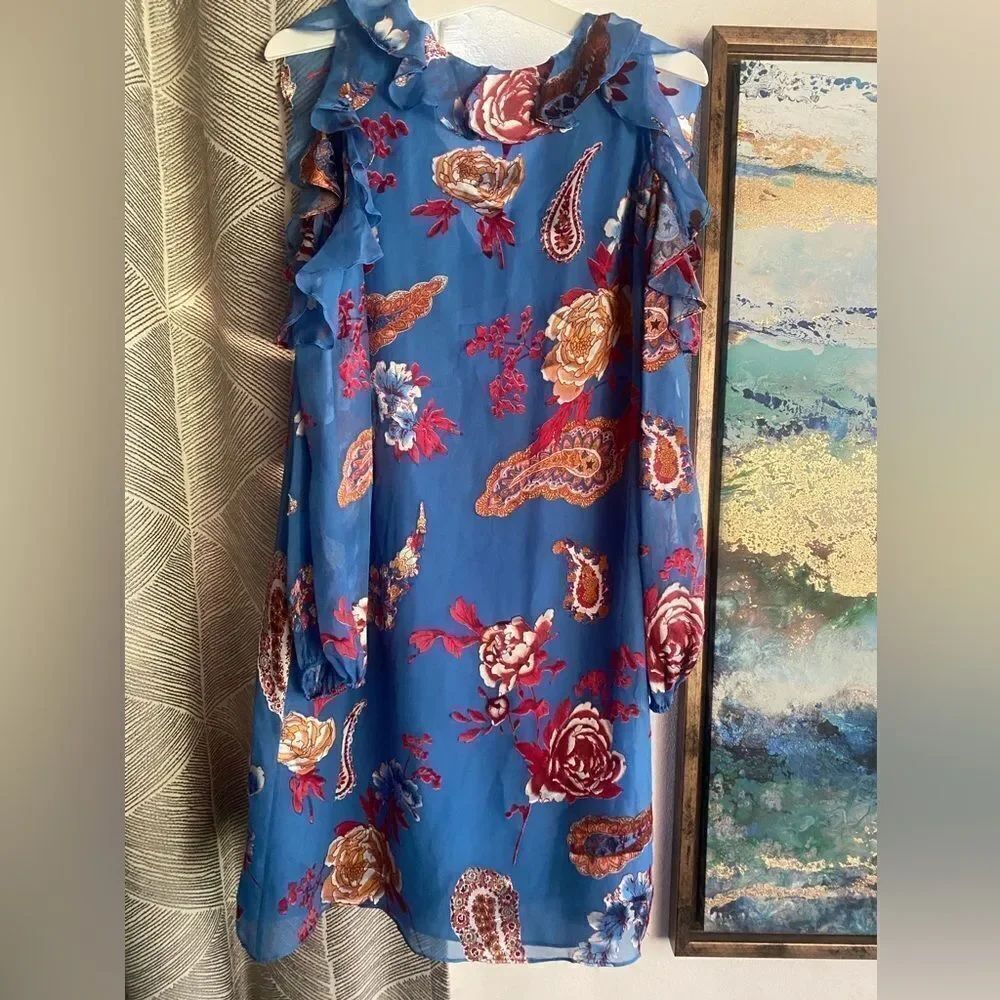 Alice + Olivia Mini Dress Sz XS Blue And Red Floral Cold Shoulder Long Sleeves - Picture 2 of 12